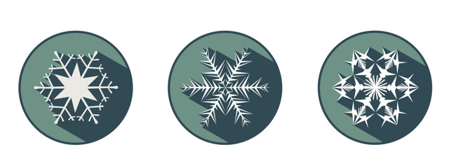 Set of three stylish white snowflakes with shadows. New Year's attributes in trendy colors of 2023. The illusion of a three-dimensional image.