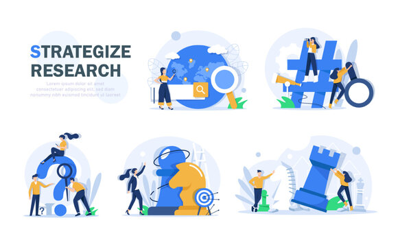 Business strategy vector illustrations set. Concept of analyzing project, financial report and strategic thinking, analytics in finances, market research