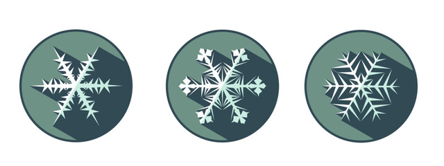 Set of three stylish white snowflakes with shadows. New Year's attributes in trendy colors of 2023. The illusion of a three-dimensional image.