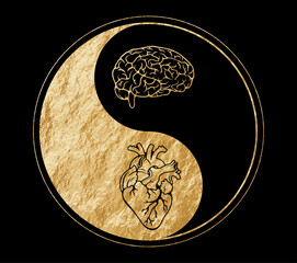 Yin Yang. Picture in gold on a black background. Heart. Brain. Extreme opposites.