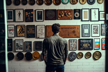 Ein erfolgreicher Mann steht vor einer Wand voller Auszeichnungen als Symbol für Erfolg, Generative AI
