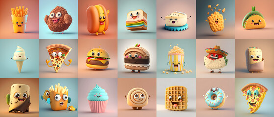 Cartoon Fast Food, Happy 3D Collection,  Illustration generative ai