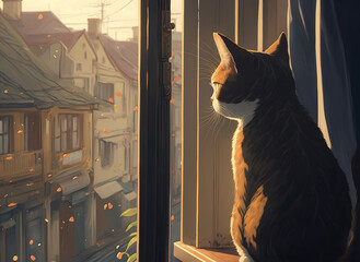 cat looking out of a window, animal, art illustration