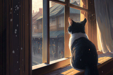cat looking out of a window, animal, art illustration