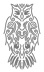 Line art with isolated black vintage owl