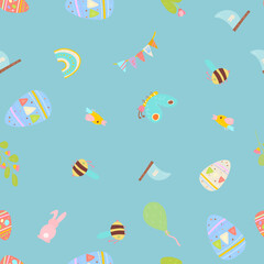 Easter Seamless Pattern with Bunny, Bee, Birds. Perfect for Easter cards, invitations, and decorations.