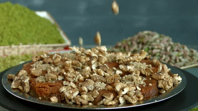 Traditional turkish baklava pistachio pastry. Dilberdudagi, ozel kesim baklava, cikolatali baklava, fistikli baklava, katmer, fistikli kadayif, kattafi, fistik sarma, soguk baklava, midye baklava, cev