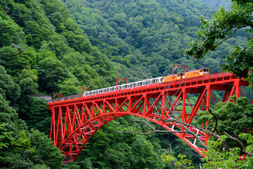 黒部渓谷にかかる鉄橋を走る黒部渓谷トロッコ電車