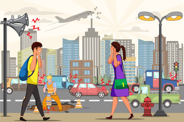 Man and woman walking on the city street covering her ears concept of noise pollution