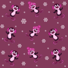 penguins,penguins in fur headphones,furry fur hat with bubo,skating,snowflakes,winter,flightless seabird,black,white,pink,red,crimson