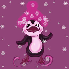 seamless pattern with animals penguins,penguins in fur headphones,furry fur hat with bubo,skating,snowflakes,winter,flightless seabird,black,white,pink,red,crimson 