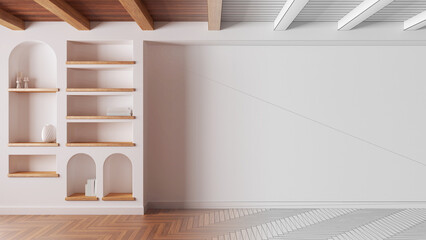 Fototapeta premium Architect interior designer concept: hand-drawn draft unfinished project that becomes real, empty room with copy-space. Shelves and niches with decors