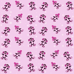 Obraz premium penguins,penguins in fur headphones,furry fur hat with bubo,skating,snowflakes,winter,flightless seabird,black,white,pink,red,crimson