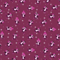 penguins,penguins in fur headphones,furry fur hat with bubo,skating,snowflakes,winter,flightless seabird,black,white,pink,red,crimson