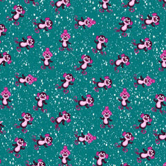  penguins,penguins in fur headphones,furry fur hat with bubo,skating,snowflakes,winter,flightless seabird,black,white,pink,red,crimson