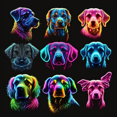 dogs emoji sticker pack set, neon colours, colourfull
