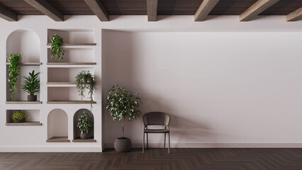 Waiting room interior design in white and beige tones with copy-space. Dark wooden ceiling and parquet floor. Shelves with potted plants and rattan chair
