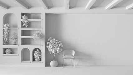 Total white project draft, waiting room interior design with copy-space. Wooden ceiling and parquet floor. Shelves with potted plants and rattan chair