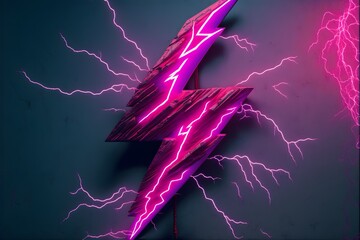 A neon-lit lightning bolt on black background, generative ai