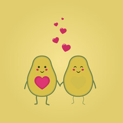 Two avocados holding hands with hearts
