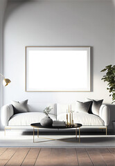 Mockup horizontal frame living room home interior elegant furnishing, couch and cushion, grey and white colors. Generative AI