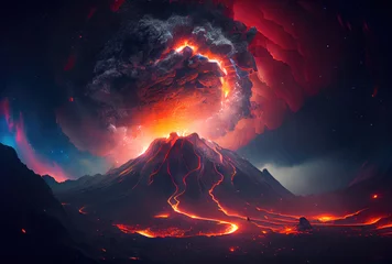 Fotobehang The volcano erupted with hot lava and black smoke covering the sky. Nature and disaster concept. Generative AI © Virtual Art Studio