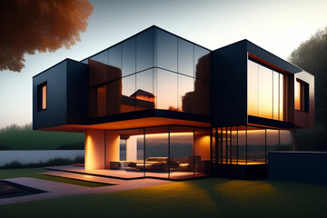 AI Digital Illustration Modern House Golden Hour