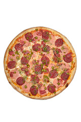 pizza with ham, sausage and gherkins isolated on white