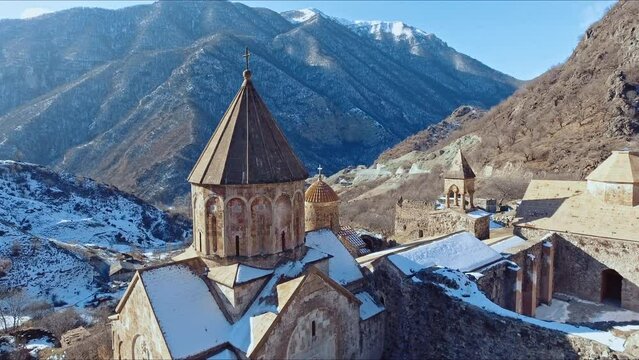 Drone View Of Georgian Orthodox Monastery Jvari In Mtskheta, Georgia. Rivers Mtkvari And Aragvi In Background. aerial arc shot