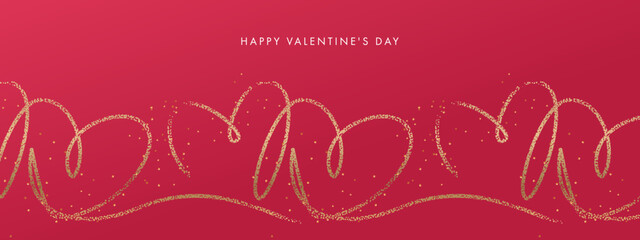 Elegant luxury minimal Valentines Day greeting card with hearts border made of gold glitter confetti drawing line on red background. Design template for decoration, web banner, Valentines card