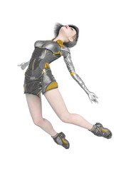 cyborg girl floating in a white background