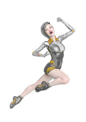 cyborg girl jumping with a mad scream in a white background