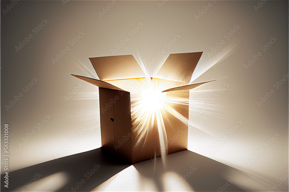 Wall mural light coming out of an open cardboard box with a surprise and magical feel, generative ai