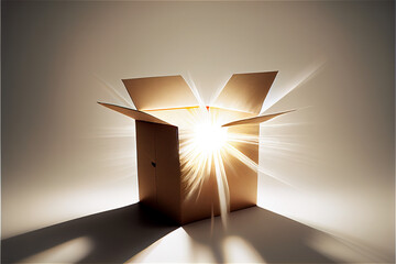 Light coming out of an open cardboard box with a surprise and magical feel, generative AI