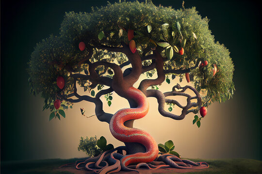 The biblical tree of knowledge with the apples and the serpent, generative AI