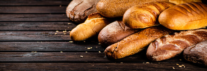 Different types of fresh crispy bread. 