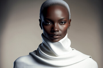 Close-up portrait of a young, beautiful bald black woman on a neutral background - not based on a real person, Generative AI - obrazy, fototapety, plakaty