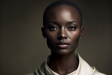 Close-up portrait of a young, beautiful bald black woman on a dark background, copy space - not based on a real person, Generative AI - obrazy, fototapety, plakaty