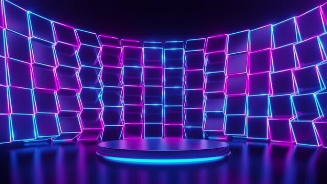 pink blue cube wall with stripe neon background in black room, cube spin animate, looped, 4k resolution, light sweep glowing animate.