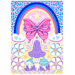Butterfly, mushroom and rainbow, vector hand drawn illustration
