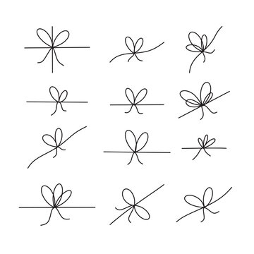 Simple hand drawn line bows on ribbon vector set. Rope knots on string, different bowknots design collection isolated on white background
