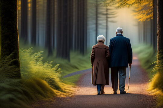 Generative AI Older Grey Haired Couple Walking In The Spring Park, Rear View. Concept Of Lifelong Marriage, Retirement, Eternal Love, Relations