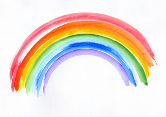 Colored rainbow made in watercolor on a white paper background.