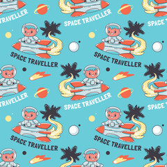 Space traveler , astronaut in the rocket, seamless pattern with vector hand drawn illustration
