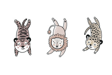 Cute cozy animals laying. A set of hand drawn vector illustrations for kid room decor