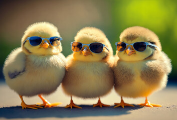 Cute spring baby chick wearing cool sunglasses. Generative ai - obrazy, fototapety, plakaty