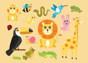 Cute Animal Illustration set. Bright flat picture for children. Jungle summer clip art