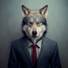 Portrait of a wolf in a suit and tie on a gray background. Created by AI