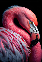 Illustration of an exotic Pink flamingo close up portrait, Highly detailed beautiful pink feathered bird, Generative AI