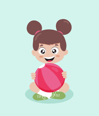 A child with a ball in his hands. Happy smiling girl holding a ball in her hands. The child sits with the ball in his hands. Vector illustration.